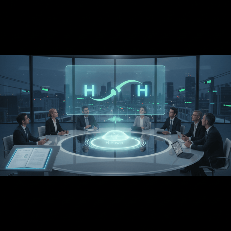 Business professionals in a modern boardroom with a holographic display showing "H-Power" and hydrogen molecules.
