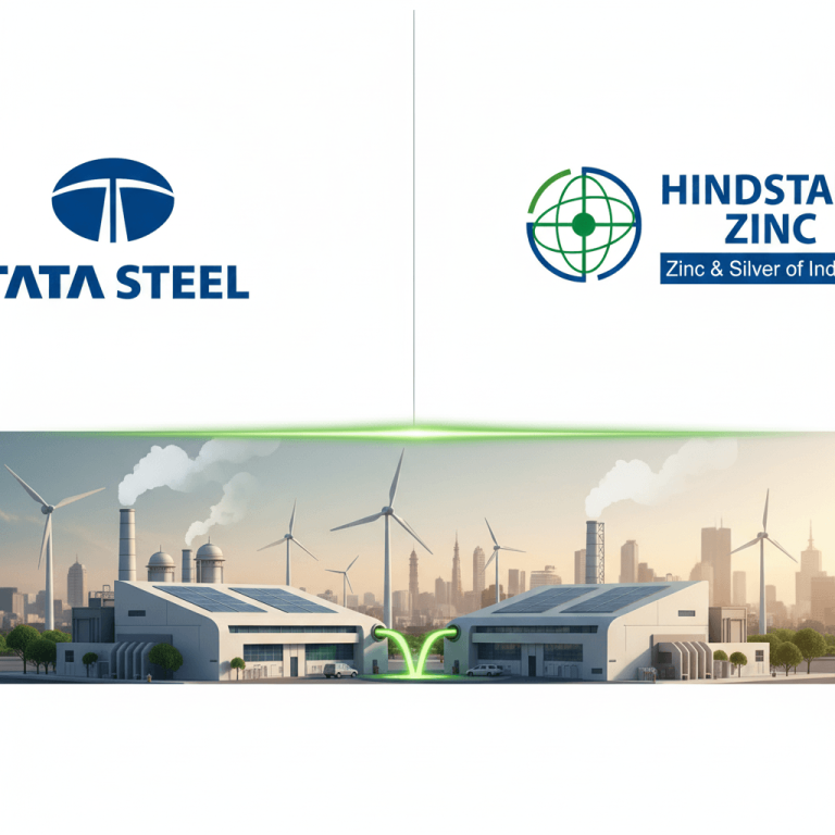 A modern steel plant with wind turbines and solar panels, symbolizing sustainable steel production.