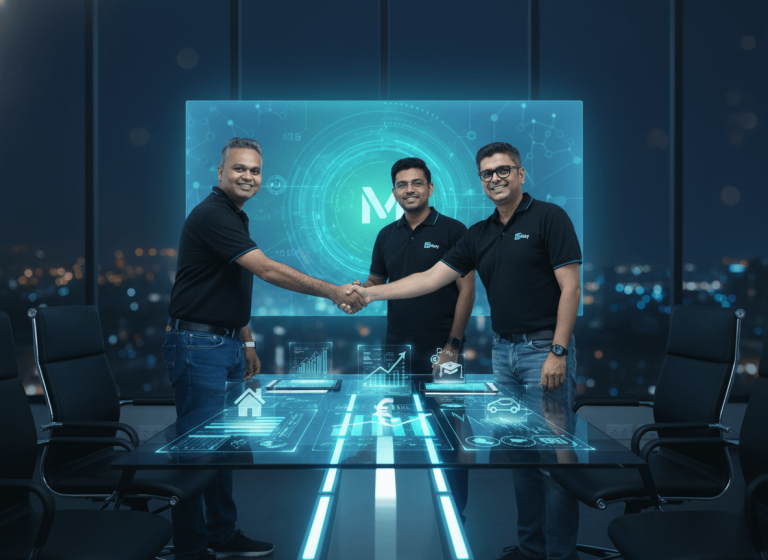 Three men shaking hands over a futuristic table displaying financial data and loan icons, with a cityscape background.