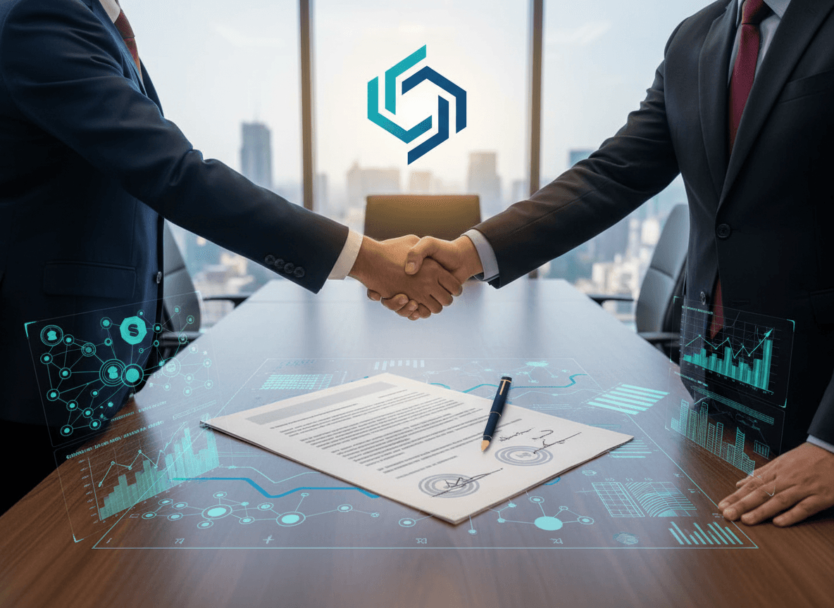 Two men in suits shake hands over a document with signatures and a pen on a modern conference table.