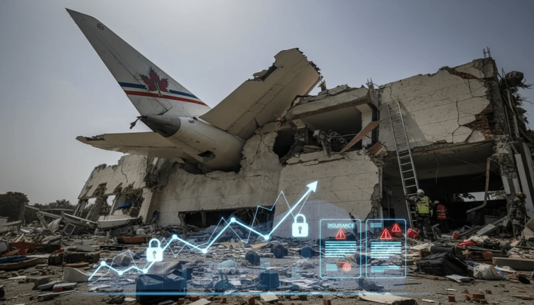 An airplane tail section embedded in a damaged building, with holographic financial charts and insurance icons.