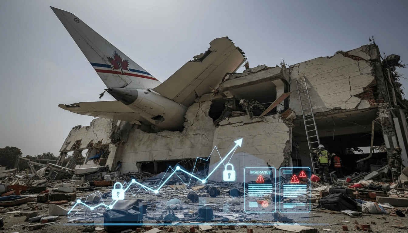 An airplane tail section embedded in a damaged building, with holographic financial charts and insurance icons.