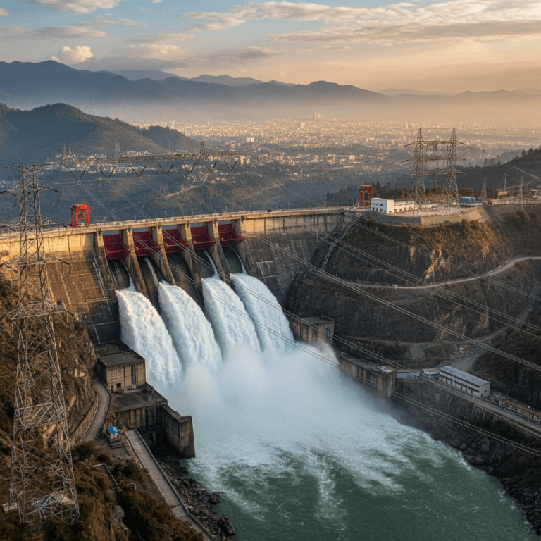 An aerial view of a large hydropower dam releasing powerful streams of water, with transmission towers and a distant city.