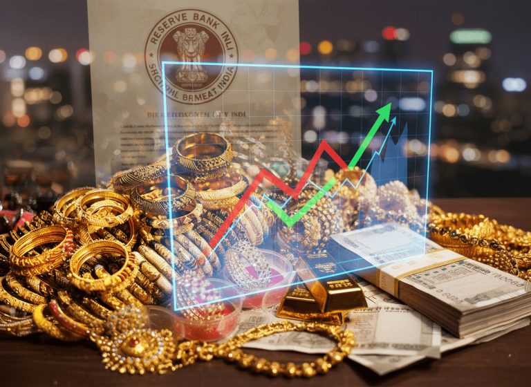 An array of gold jewelry, bangles, and bars with Indian rupee notes, overlaid by an upward trending financial graph.