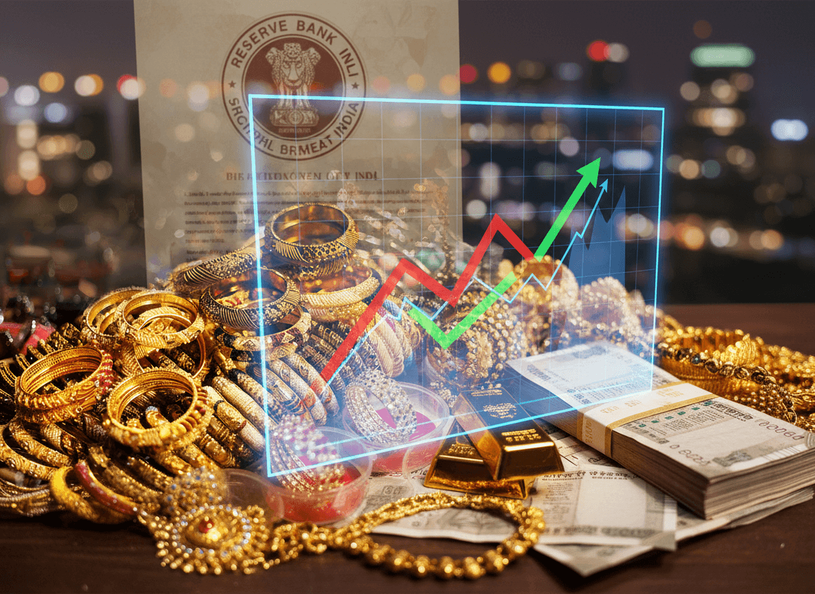 An array of gold jewelry, bangles, and bars with Indian rupee notes, overlaid by an upward trending financial graph.