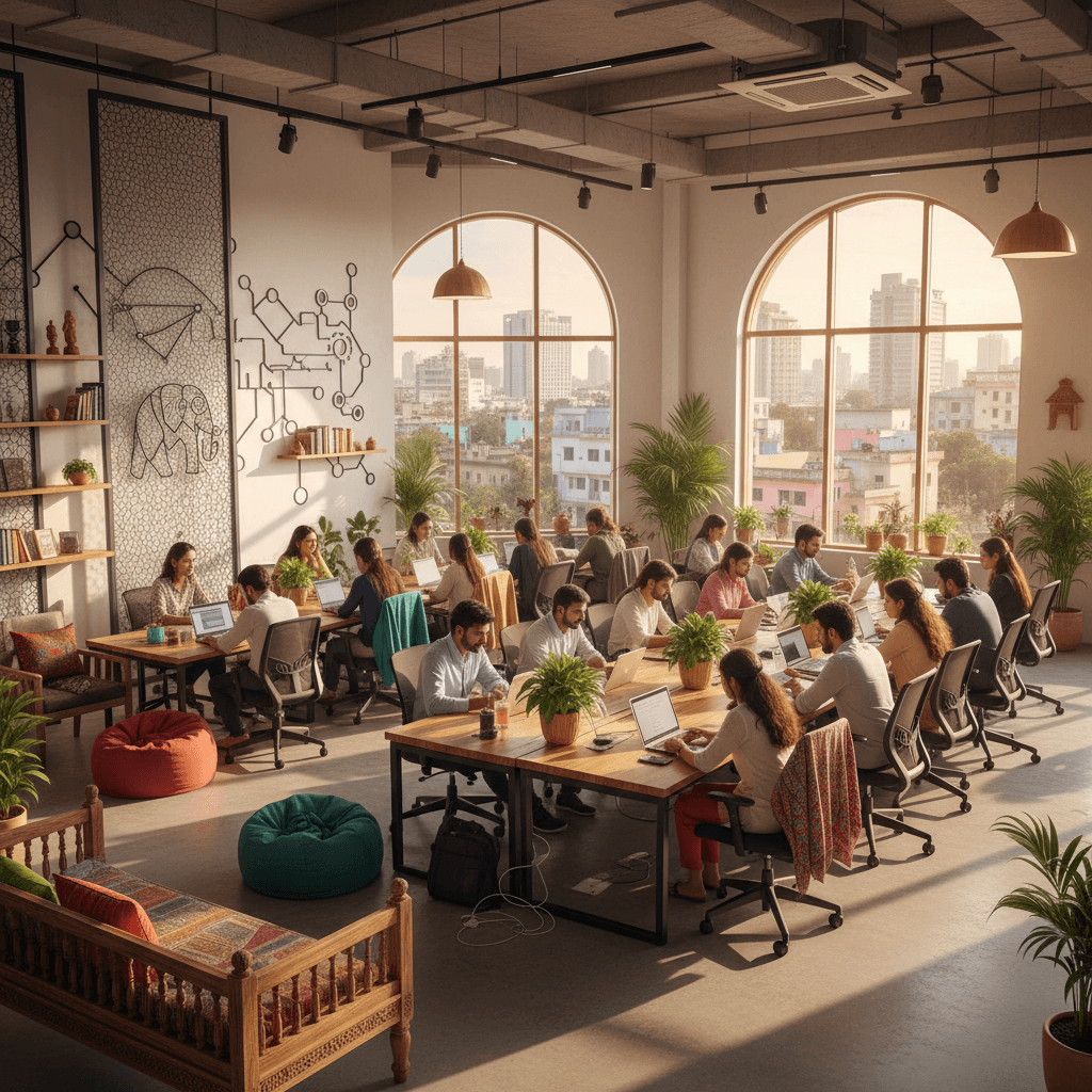 A bustling, sunlit co-working office in India, with diverse professionals working on laptops at shared desks.