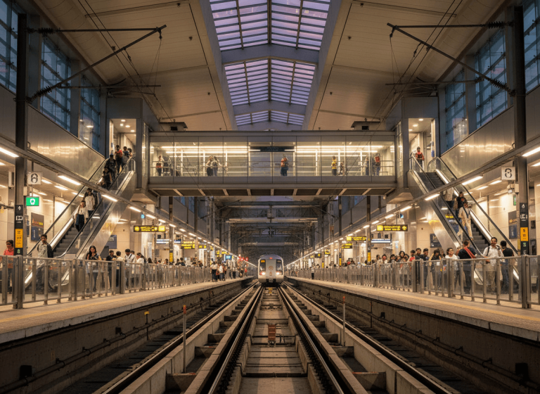 A modern metro station with a train arriving, showing multiple platforms, escalators, and an overhead walkway with commuters.