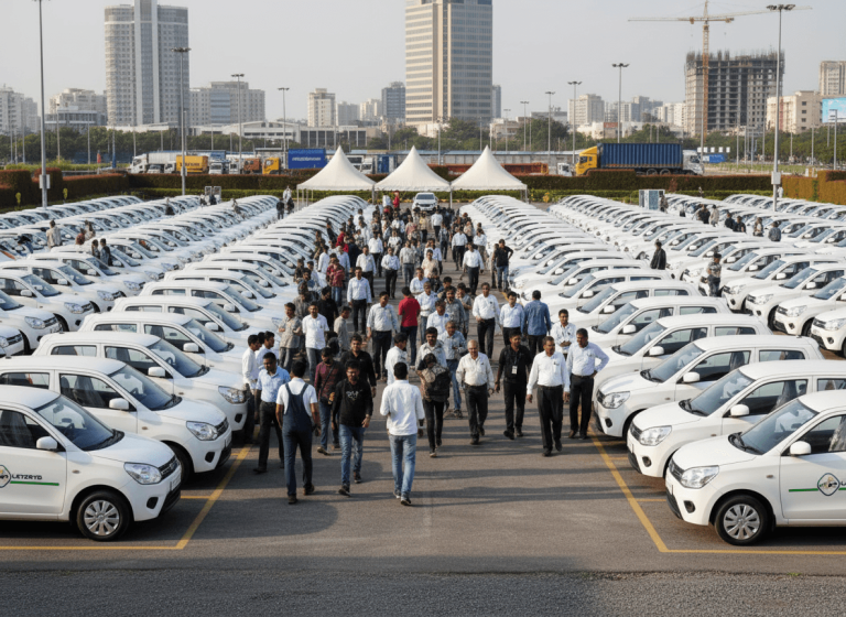 A wide shot of a large fleet of new white cars lined up in a parking lot, with many people walking between them.