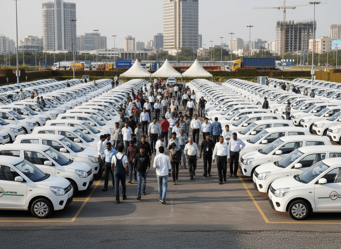 A wide shot of a large fleet of new white cars lined up in a parking lot, with many people walking between them.