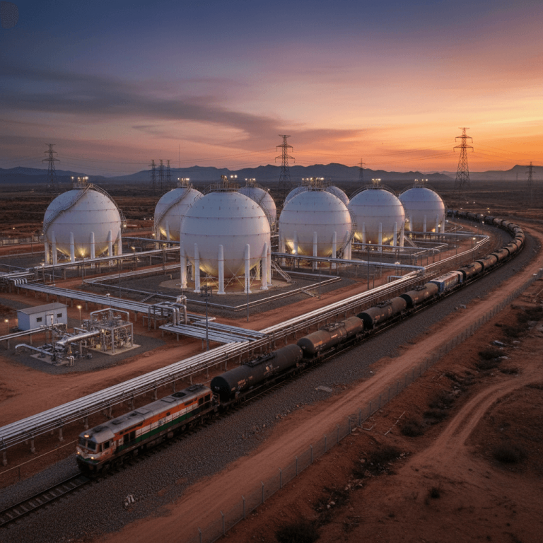 An aerial view of large white spherical oil storage tanks and a train with oil tankers at sunset.