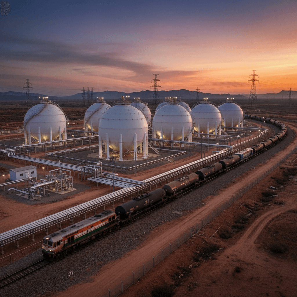 An aerial view of large white spherical oil storage tanks and a train with oil tankers at sunset.