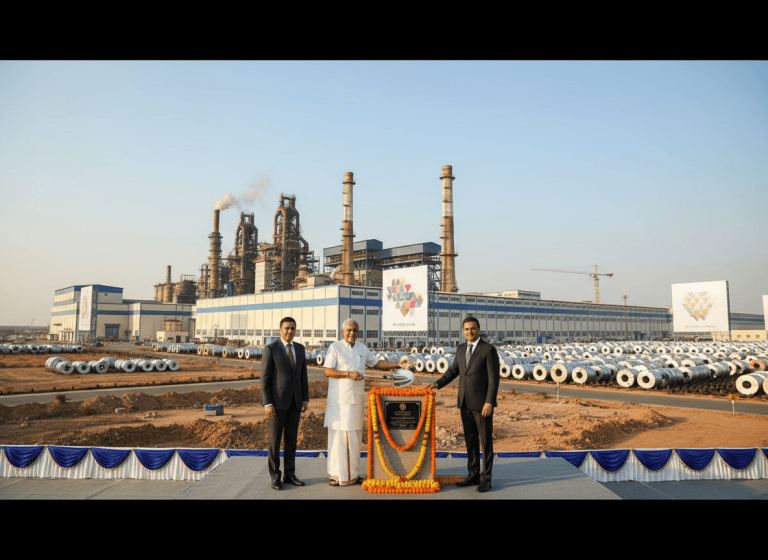Three men, including N Chandrababu Naidu, at a groundbreaking ceremony for a steel plant with industrial facilities in the background.