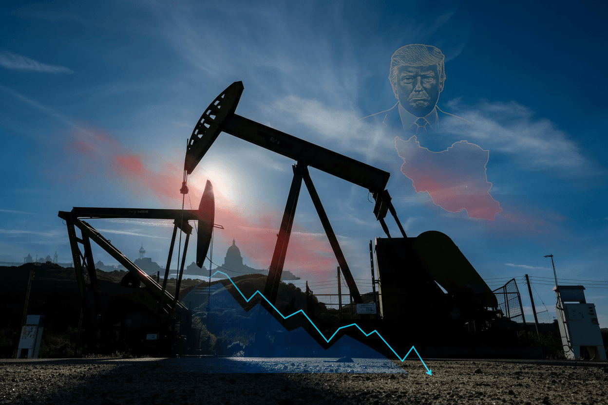 Silhouette of oil pumps against a blue sky with an overlaid outline of Donald Trump and Iran, showing a downward trend line.