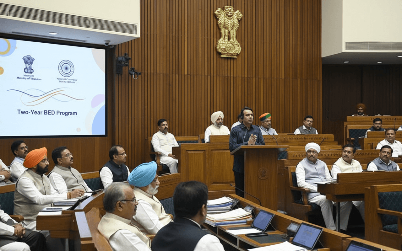 A minister speaking at a podium in a legislative assembly, with "Two-Year BEd Program" on a screen.