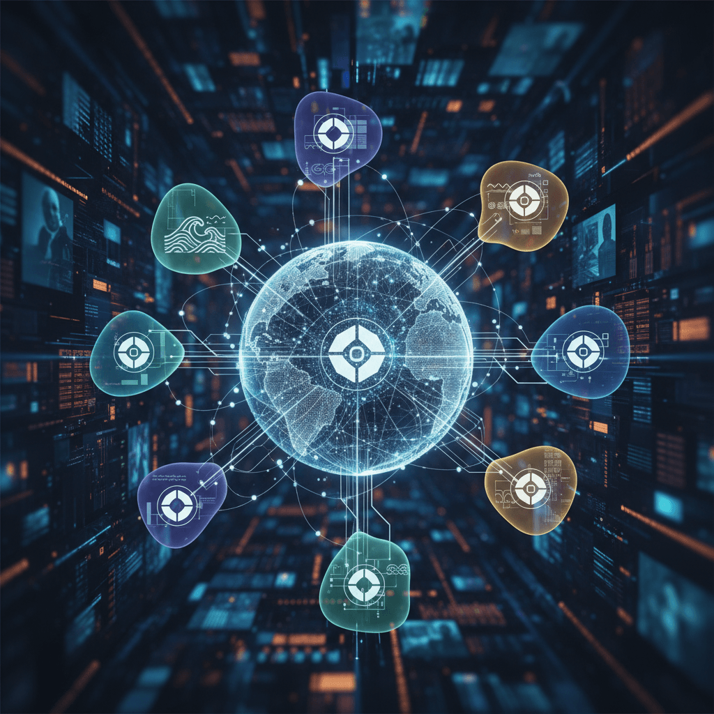 A glowing digital globe at the center of a network, surrounded by various abstract icons representing localized concepts.