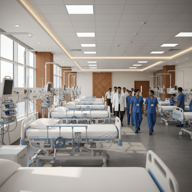 A modern, bright hospital ward with rows of empty beds and medical equipment, with a team of doctors and nurses walking through.