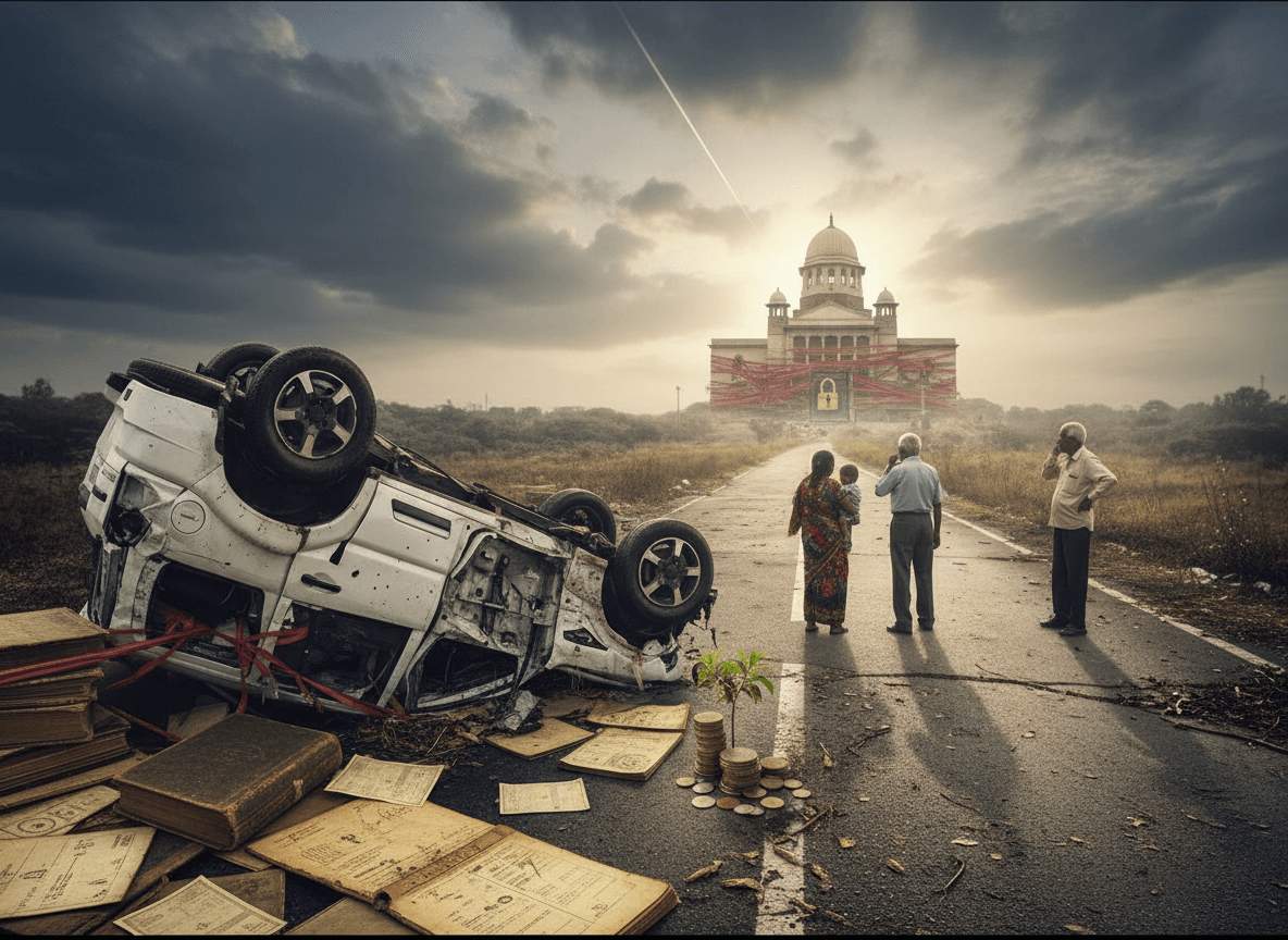 An overturned white SUV lies on a rural road, surrounded by scattered legal documents and stacks of coins.