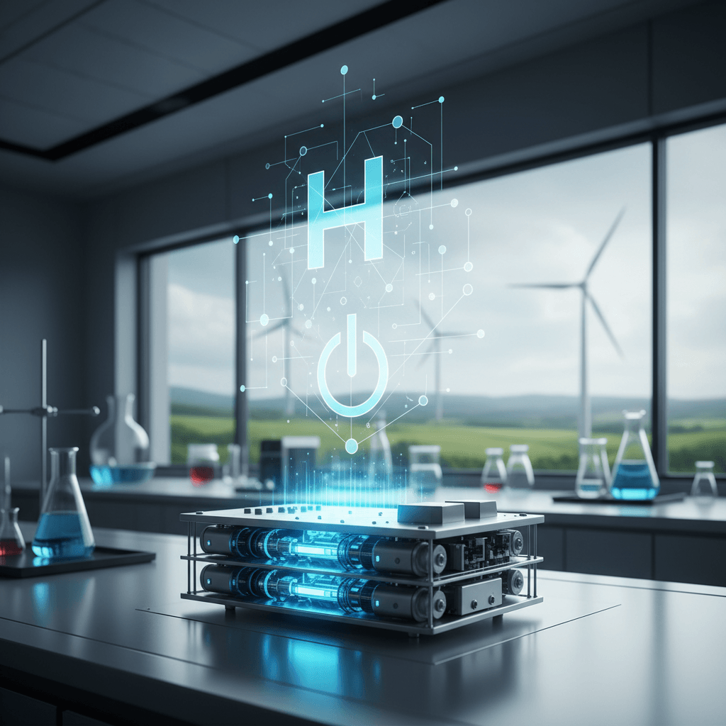 A futuristic hydrogen fuel cell module glowing in a clean laboratory, with a holographic "H" symbol and power icon above it. Wind turbines are visible outside a large window.