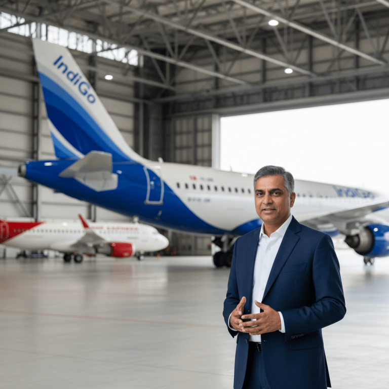 Aloke Singh, dressed in a dark suit, stands confidently in an airplane hangar with IndiGo and Air India Express planes.