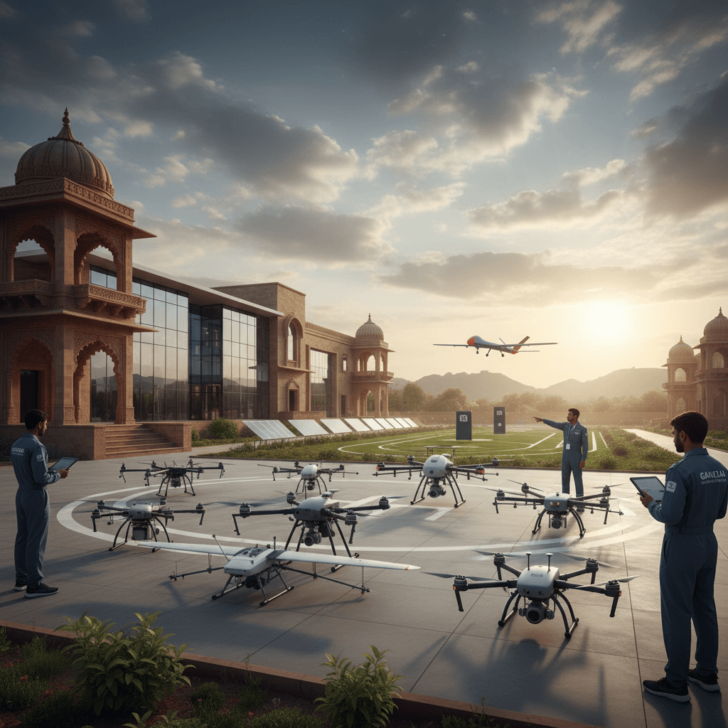 A drone training center in Jaipur with students and drones, featuring traditional Indian architecture under a sunset.