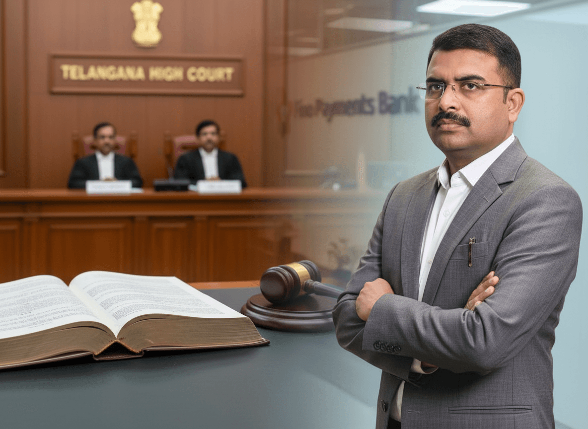 A man in a suit, Rishi Gupta, stands confidently with arms crossed, superimposed against a courtroom and bank office.