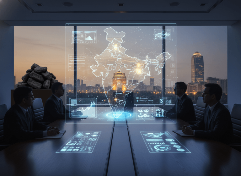 A modern boardroom with Indian officials reviewing a holographic map of India, focusing on mineral resources.