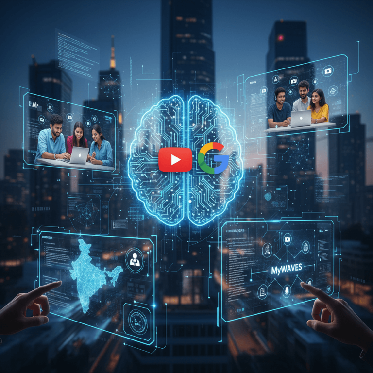 A futuristic digital interface featuring a glowing circuit board brain, Google and YouTube logos, and Indian creators.