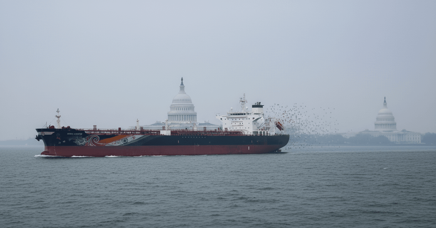 An oil tanker with subtle patterns inspired by the Indian flag on its hull, sailing past the US Capitol building.