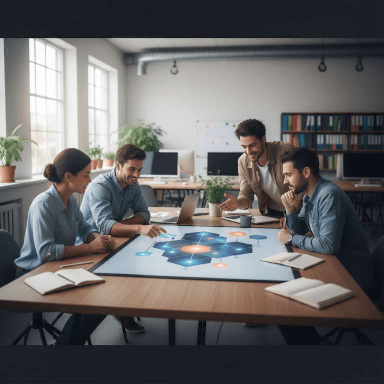 A diverse team of four professionals collaborating around a table with a glowing digital display showing connected hexagonal shapes.