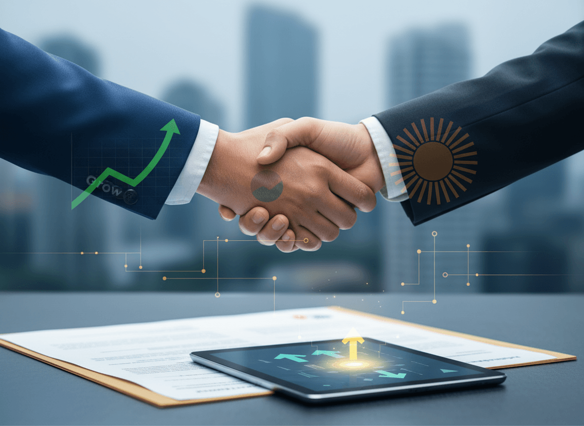 Two business people shaking hands with financial graphics overlay, symbolizing a deal between Groww and Aditya Birla Capital.