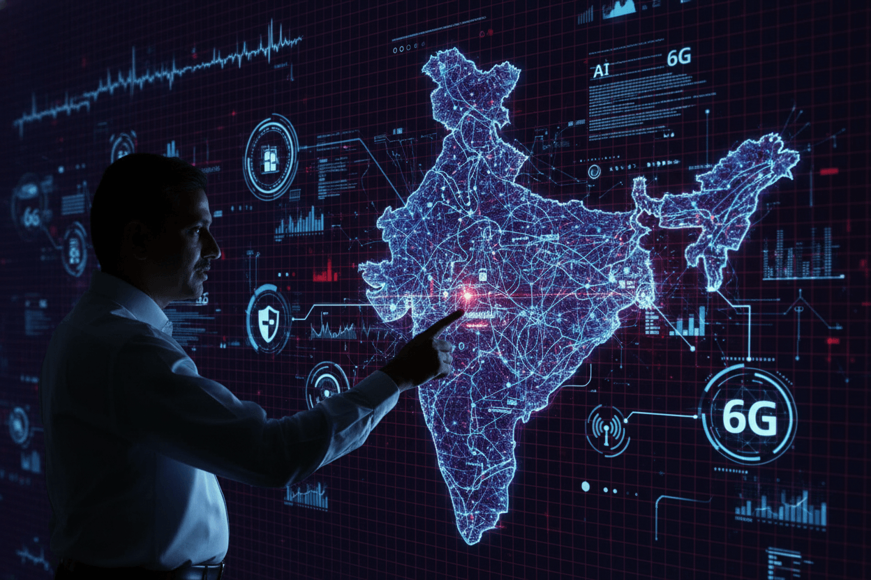 A man in a suit points at a holographic map of India with interconnected data lines, representing AI and 6G.
