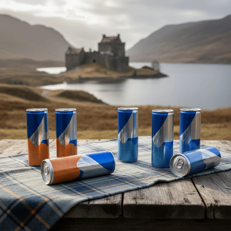 Several energy drink cans, some upright and some on their side, on a tartan blanket with a Scottish castle in the background.