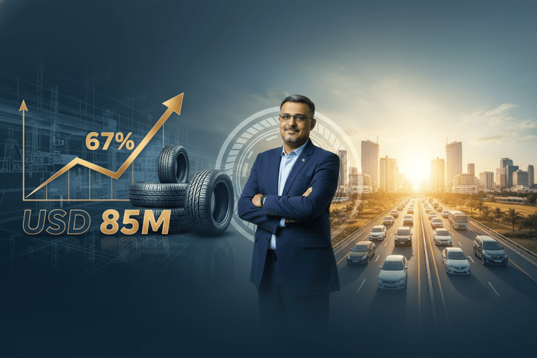 A professional man in a suit stands confidently amidst a futuristic automotive-themed graphic.