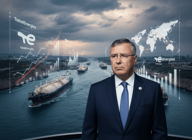 Professional image of TotalEnergies CEO against a backdrop of LNG tankers and data visualizations.