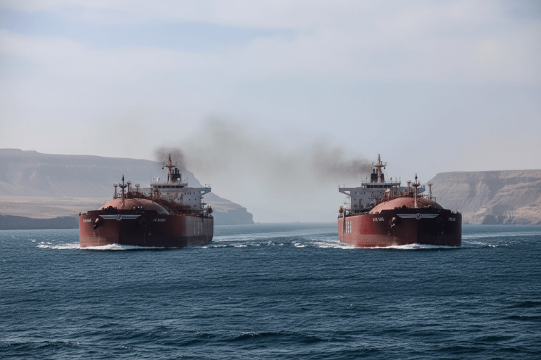 Two large red LPG tankers sail side-by-side through a narrow strait with mountainous coastlines.