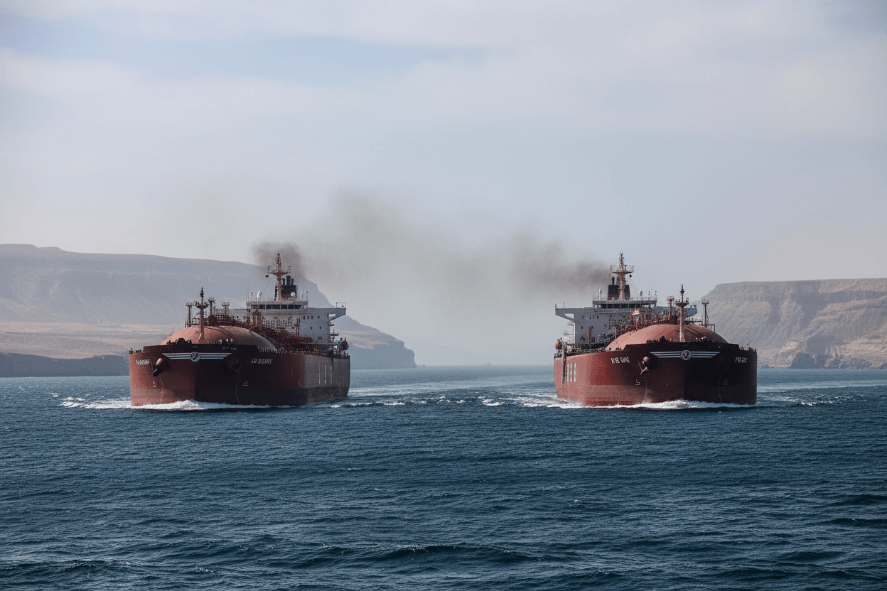Two large red LPG tankers sail side-by-side through a narrow strait with mountainous coastlines.