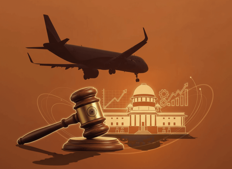 A gavel with the Indian chakra emblem, a flying airplane, and a line art drawing of the Supreme Court building.
