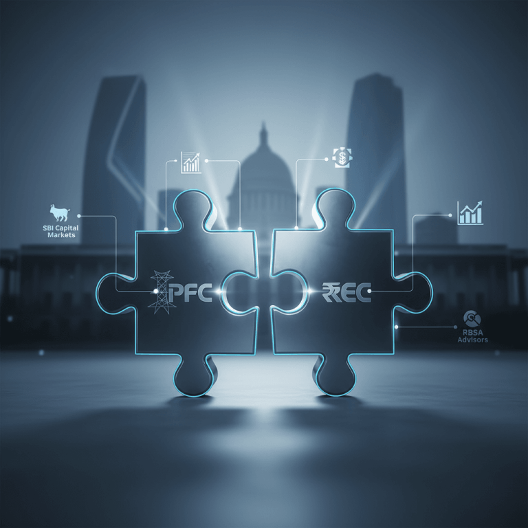 Two puzzle pieces, labeled PFC and REC, connecting in front of a blurred government building and city skyline.