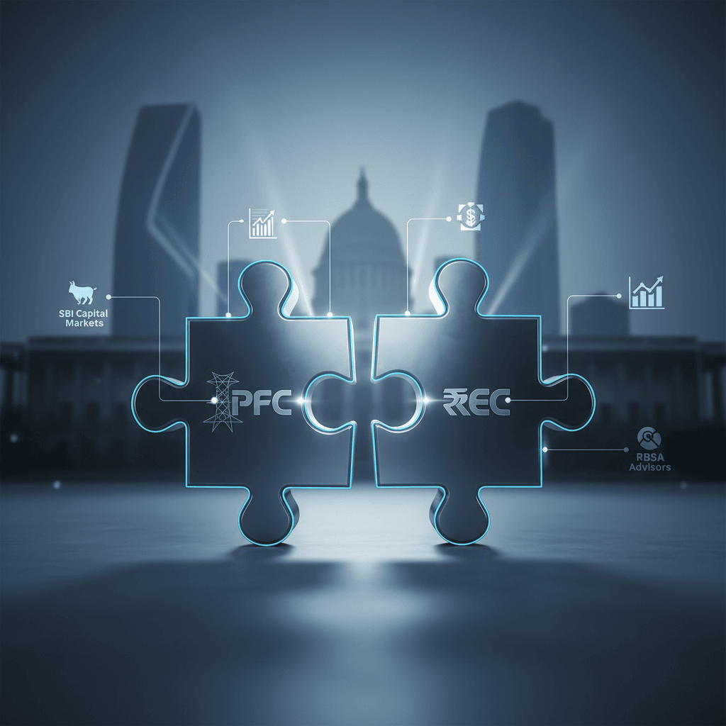 Two puzzle pieces, labeled PFC and REC, connecting in front of a blurred government building and city skyline.