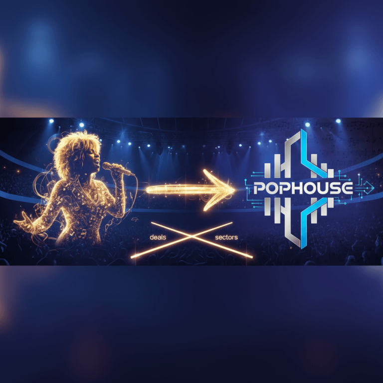 A vibrant depiction of Tina Turner's silhouette transforming into a musical flow towards a stylized Pophouse logo.