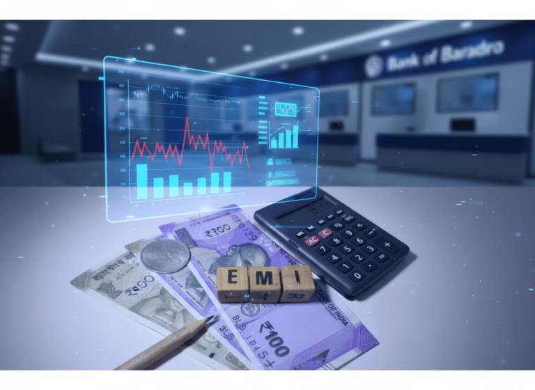 A calculator, Indian rupees, and wooden blocks spelling "EMI" are on a surface with a translucent financial graph overlay.