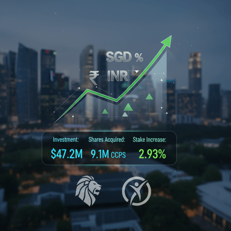 A stylized digital infographic showing financial growth and investment details for CureFit, with the Singapore skyline in the background.