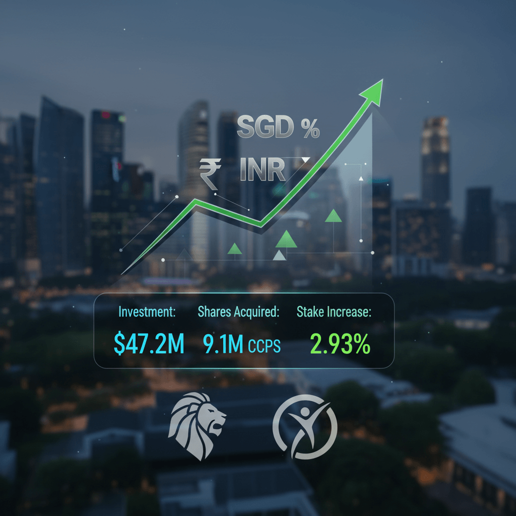 A stylized digital infographic showing financial growth and investment details for CureFit, with the Singapore skyline in the background.