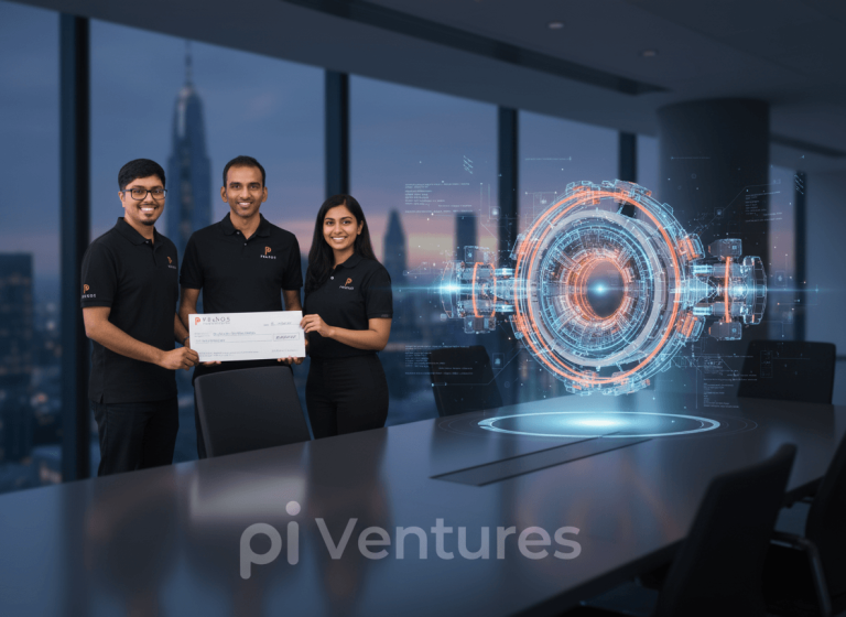 Three professionals in a sleek office with a city skyline view, holding a large check, next to a glowing holographic fusion reactor model.