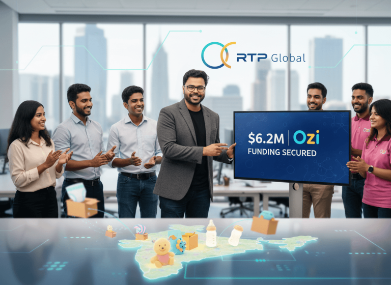 A group of diverse professionals celebrating a funding announcement, with baby care products and a map of India on a holographic table.