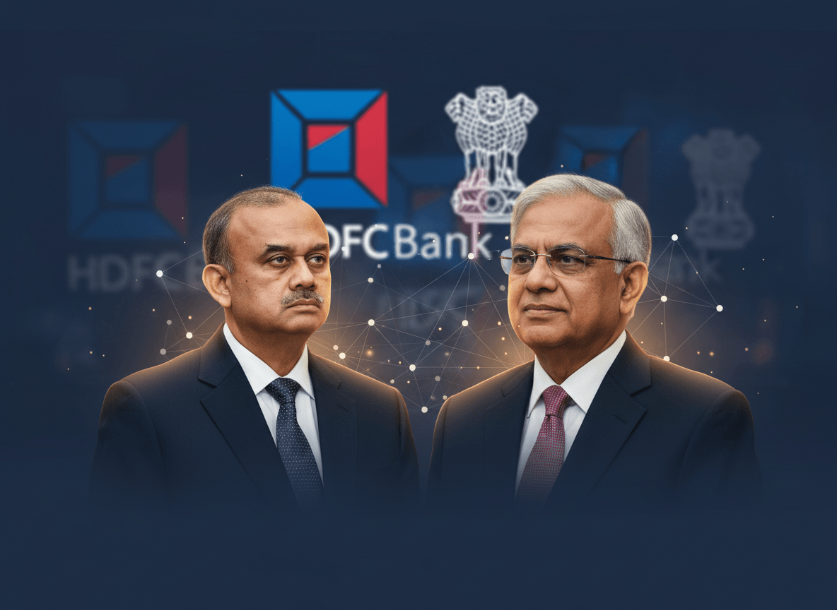 A professional image of two men in suits, Atanu Chakraborty and Keki Mistry, with abstract banking and regulatory symbols.