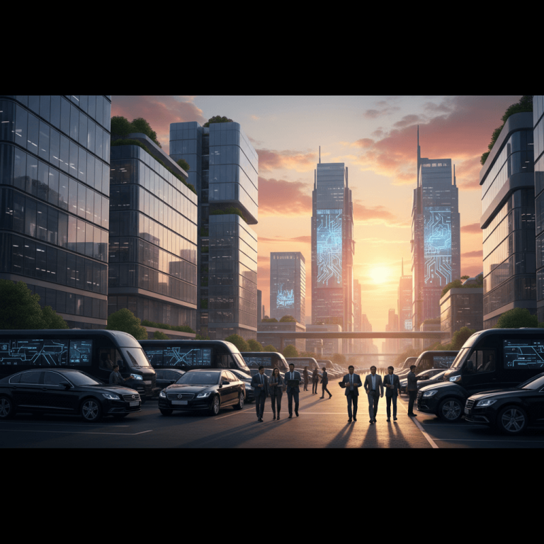 Business professionals walk past a fleet of black corporate vehicles in a modern Indian city at sunset.