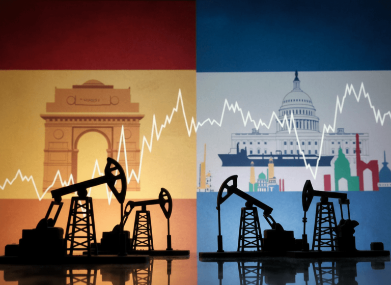 A split image showing oil pumpjacks against backgrounds representing India and the US, with economic charts.
