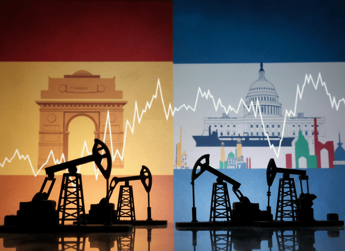 A split image showing oil pumpjacks against backgrounds representing India and the US, with economic charts.