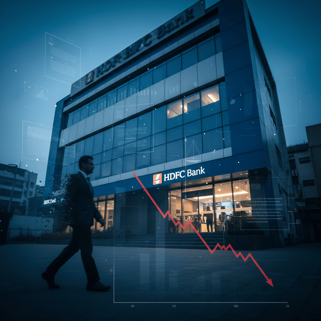 A modern HDFC Bank building at dusk, with a red downward trending arrow overlaid, symbolizing declining shares.